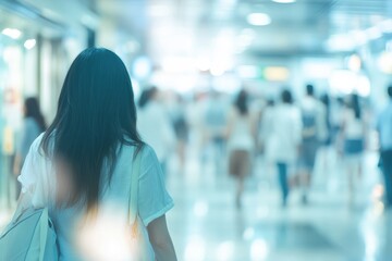 Obraz premium Woman walking away in busy hallway; blurred background. Illustrates anonymity, urban life, solitude.