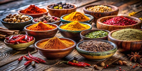 Fototapeta premium Aromatic symphony of spices in rustic bowls, showcasing a vibrant palette of textures and flavors.