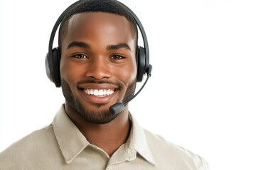Smiling man wearing headset, offering support. Perfect for customer service, tech support, or call center websites.