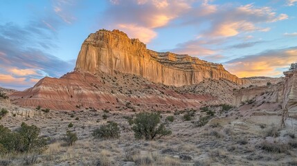 Stunning Sunset Over Majestic Rock Formations in Desert Landscape