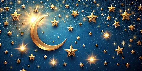 Fototapeta premium Celestial Tapestry of Golden Stars and Crescent Moon on a Night Sky Background
