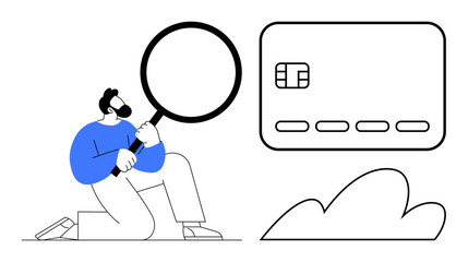 Person holding magnifying glass examining a credit card, next to a cloud shape. Ideal for finance, security, credit card applications, fraud prevention, financial analysis, online banking