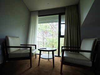 Cozy interior with modern furniture, natural light, and green foliage view, perfect for relaxation and comfort