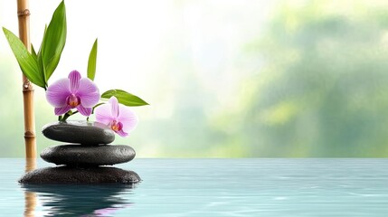 Bamboo and Orchids Spa Background with Water Flowing