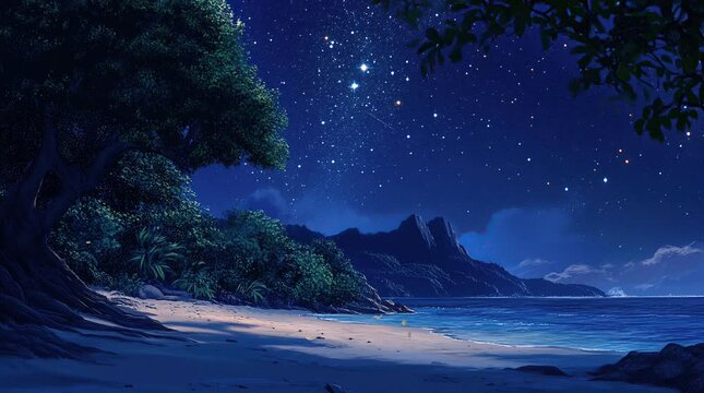 Fantasy beach under starry night sky with glowing atmosphere and calm waves  
Seamless looping 4k time-lapse virtual video animation Generated AI