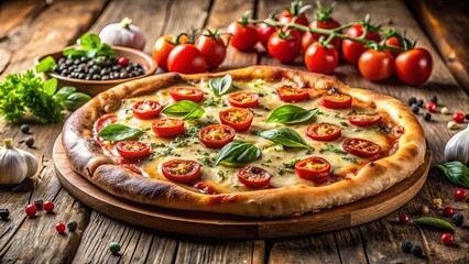 A rustic wooden table setting with a freshly baked pizza topped with melted cheese, cherry tomatoes, and basil leaves, surrounded by sprigs of herbs and peppercorns.
