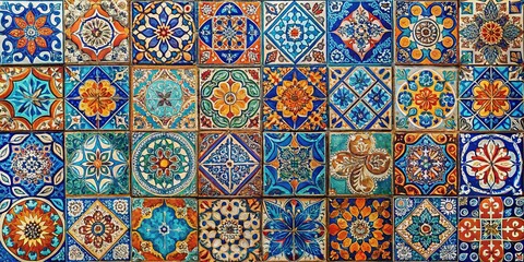 A vibrant collection of ornate, hand-painted ceramic tiles showcasing a diverse array of intricate floral and geometric patterns in a rich tapestry of blues, oranges, and yellows.