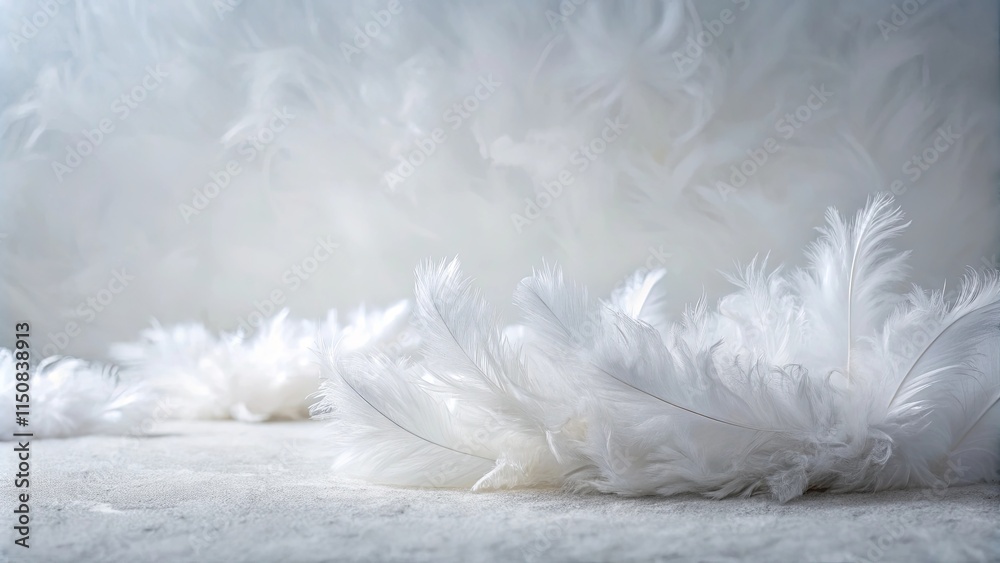 Wall mural soft white feathers arranged on a neutral surface with a blurred background of more feathers.