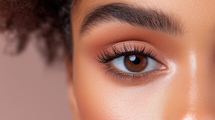 Fototapeta premium Close-Up of Woman's Brown Eye With Natural Makeup and Detail on Eyebrow, Showcasing Skincare and Beauty, Highlighting Eyelash and Eyebrow Grooming for Enhanced Facial Aesthetics
