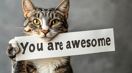 compliment, congratulations and praise message. cat holding a4 white paper with text " you are awesome ". pink background. expression of gratefulness, motivation, appreciation.