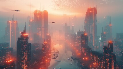 Fototapeta premium Aerial futuristic city sunset, glowing towers, fog, drones fly.