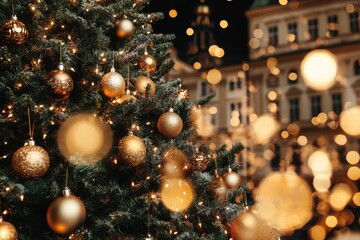 Fototapeta premium A glowing Christmas tree stands adorned with golden baubles, set against a warm and blurred backdrop of European architecture, creating a festive evening atmosphere.