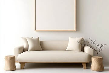 Cozy Rustic Living Room with Beige Sofa and White Wall Frame - Perfect for Modern Interiors and Comfortable Relaxation
