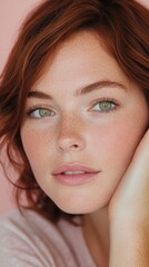 Fototapeta premium Natural Beauty Close-Up Portrait of Young Woman with Red Hair, Freckles, and Green Eyes, Emphasizing Fresh, Radiant, and Confident Features in Soft Lighting for Modern Portrait Photography