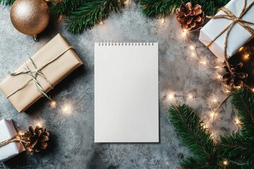 Elegantly wrapped holiday presents surround a blank spiral notebook, placed on a stone surface adorned with pine branches and sparkling lights.