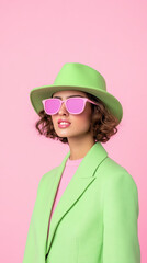 Woman in Stylish Green Outfit with Pink Sunglasses on Pink Background Emphasizing Fashion and Colorful Style Vlog Design for Influencers and Social Media Engagement