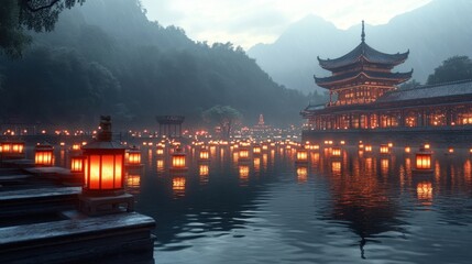 Obraz premium Serene Evening Scene with Lanterns and Traditional Architecture