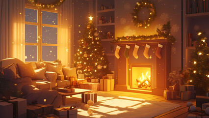 Cozy Christmas Room with a Glowing Fireplace