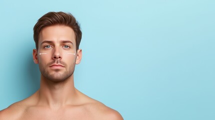 Naklejka premium Handsome Man with Perfect Skin After Cosmetic Treatment on Blue Background