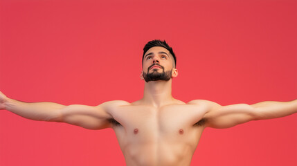 Fototapeta premium Strong Male Dancer with Arms Outstretched Against a Solid Red Background in Dramatic Light Showcasing Power, Movement, and Expression in Modern Dance Photography
