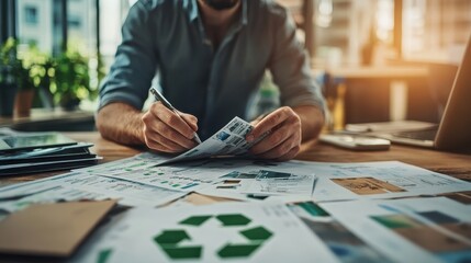 Fototapeta premium Man reviewing paperwork, pen in hand, surrounded by documents. Illustrates sustainable business practices, financial planning, or eco-conscious work.