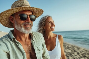 A joyful couple, wearing hats and casual clothing, strolls along a sandy beach, enjoying a sunny day and their shared companionship in a natural, picturesque setting.
