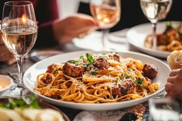 A plate of pasta topped with meatballs, garnished with cheese and herbs, paired with glasses of wine makes a sumptuous dining experience and a cozy atmosphere.