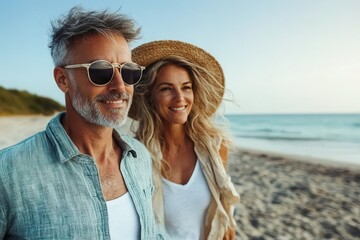 Older couple wearing stylish sunglasses on a beach, facing the ocean with a shared sense of tranquility and contentment, enjoying the cool breeze.