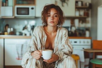 A woman with short, messy hair enjoys a coffee mug in a cozy, casually cluttered kitchen, conveying a sense of morning routine and comfort.