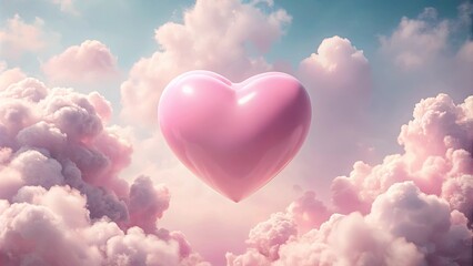 Fototapeta premium A pink heart shape floating in the sky amidst ethereal clouds, radiating love and ethereal beauty.