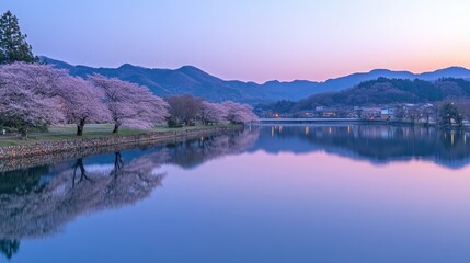 Serene Cherry Blossom Reflection at Dusk by a Calm Lake