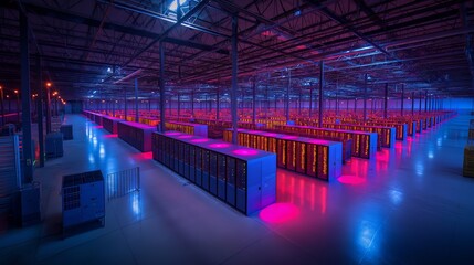 Massive data center with rows of servers, glowing LED lights, and advanced cooling systems reflecting high-performance computing infrastructure