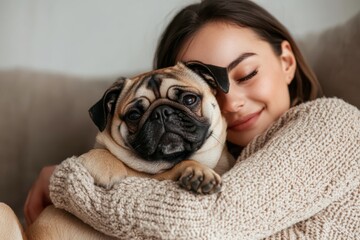 With eyes closed in happiness, a woman tenderly hugs her pug, both clad in warm sweaters, embodying a serene and joyful moment of connection and comfort.