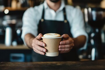 Hands in an apron, offer a latte topped with intricate foam art in a bustling café environment, with warm lighting on a rustic wooden counter as backdrop.