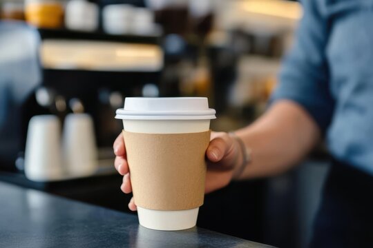 A barista carefully hands over a cup of coffee in a paper cup with a sleeved holder, showcasing a moment of precision in a bustling cafe environment.
