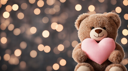 Teddy Bear Love:  A cuddly brown teddy bear holds a pink heart, sitting against a backdrop of warm, twinkling lights. This image is perfect for conveying warmth, love, and sweetness. 