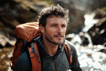 A determined man with curly hair explores rugged terrain near a flowing river, embodying exploration and resilience in the midst of nature.