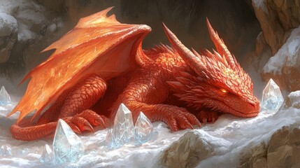 A young, orange dragon rests among clear crystals in a snowy cave.