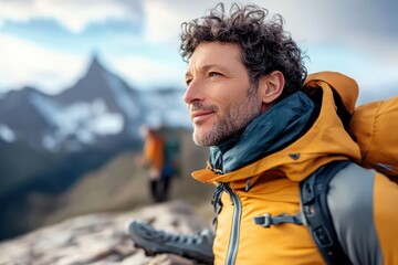 Bearded hiker with yellow jacket gazes at snowy peaks, experiencing pure awe and wonder against a backdrop of clear skies and rugged mountain landscape.