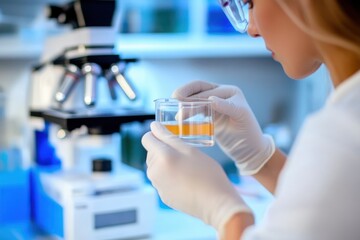 A scientist wearing protective gloves analyzes a liquid sample in a laboratory, reflecting accuracy and commitment to scientific discovery and innovation.