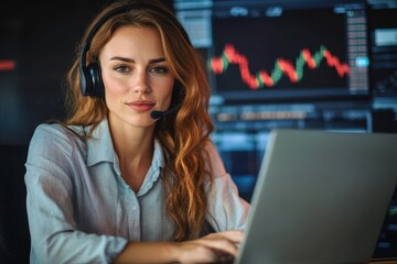 A woman wearing a headset is focused on a laptop, analyzing changing stock market data trends, with graphs visible in the background. Represents finance and concentration.