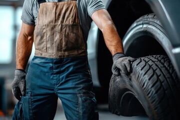 A mechanic dressed in overalls and protective gloves lifts a car tire in a garage setting, showcasing strength and expertise while focusing on vehicle maintenance tasks.