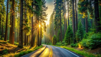 Obraz premium Sunlight filtering through a canopy of trees illuminates a winding road in a dense forest