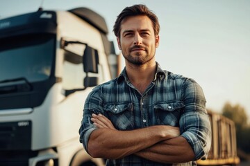 A self-assured man in plaid shirt, arms crossed, confidently stands next to a high-power truck on a sunlit road, signifying determination and strength.
