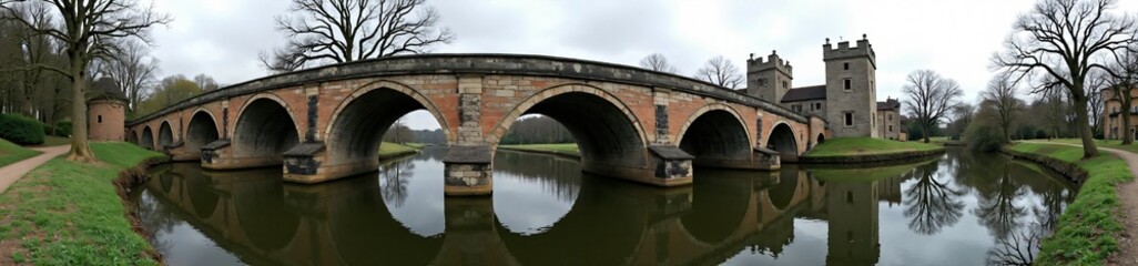 Fototapeta premium 360 degree photo, Historic Stone Bridge Over a River, A 360-degree view
