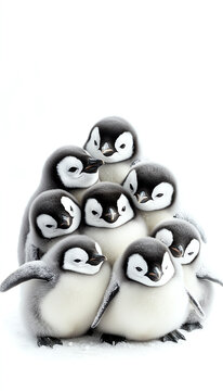 A charming group of adorable baby penguins huddling together, showcasing their playful nature in a snowy environment.