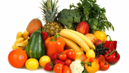 Fresh Assortment of Colorful Fruits and Vegetables on White Background