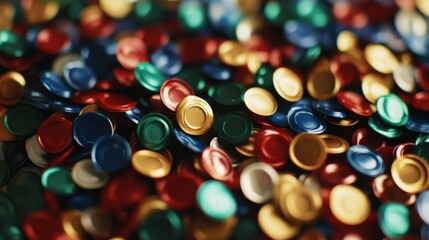 Colorful Assortment of Metallic Caps and Tokens Spread Vibrantly Across a Surface, Showcasing a Variety of Colors in a Playful Layout for Creative Use