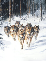 Naklejka premium A pack of wolves running through a snowy forest, showcasing their strength and unity in the wild.
