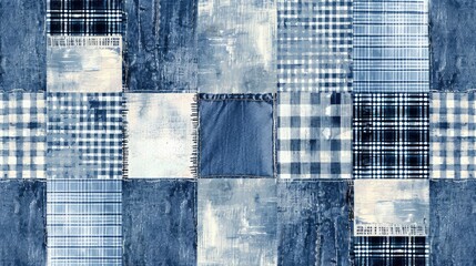 Blue Denim Patchwork Fabric Texture